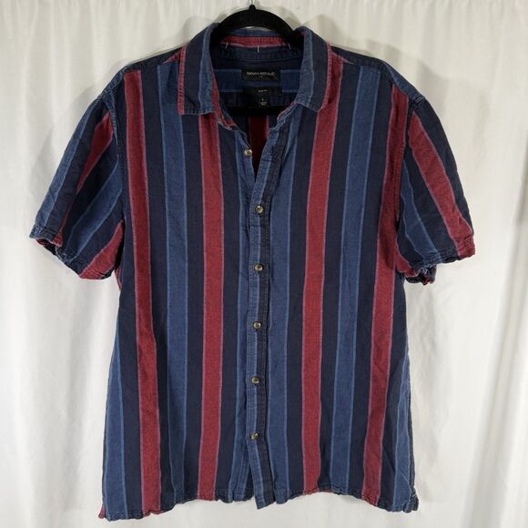 Banana Republic Linen Blend Shirt Men's Large Blue Red Striped Short Sleeve Slim - Picture 1 of 8